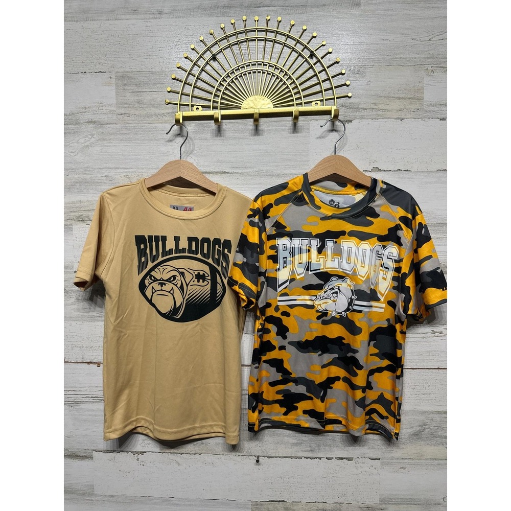 A4 Badger Sport Bulldogs T-Shirts Boys Youth XS Gold Camo Athletic EUC